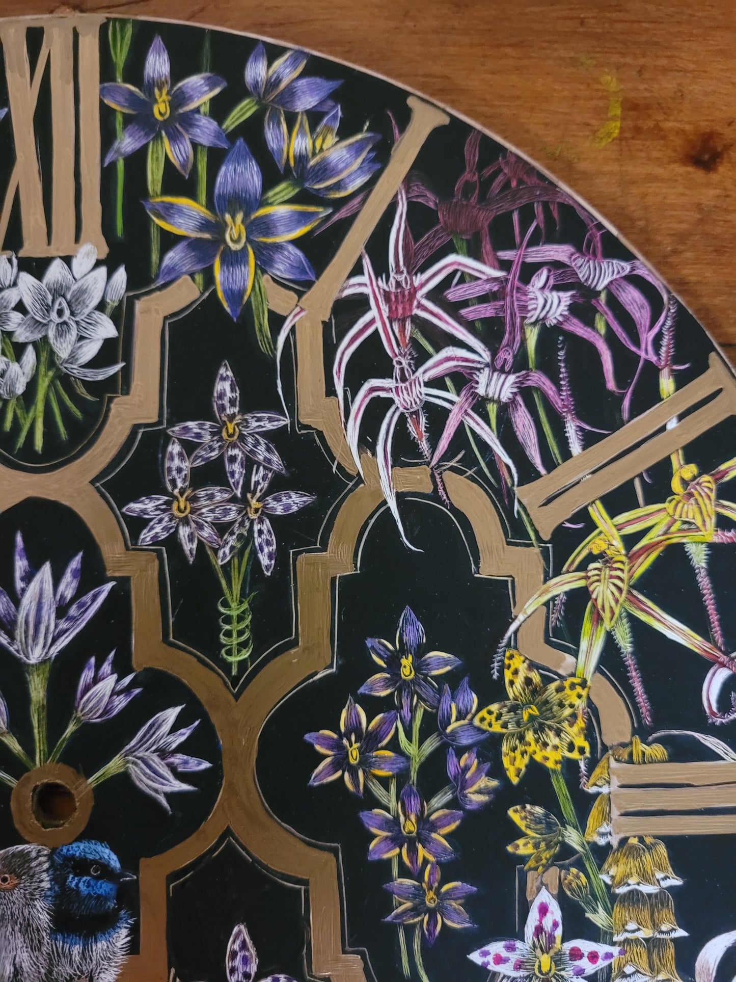 Original Scratchboard clock 'Orchids of Western Australia'